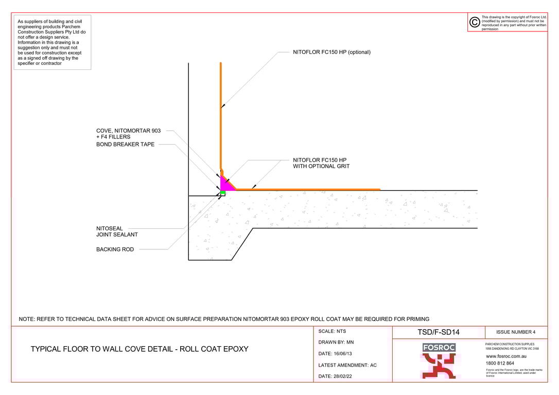 Navigate to TSD-F-SD14 - TYPICAL FLOOR TO WALL COVE DETAIL - ROLL COAT EPOXY