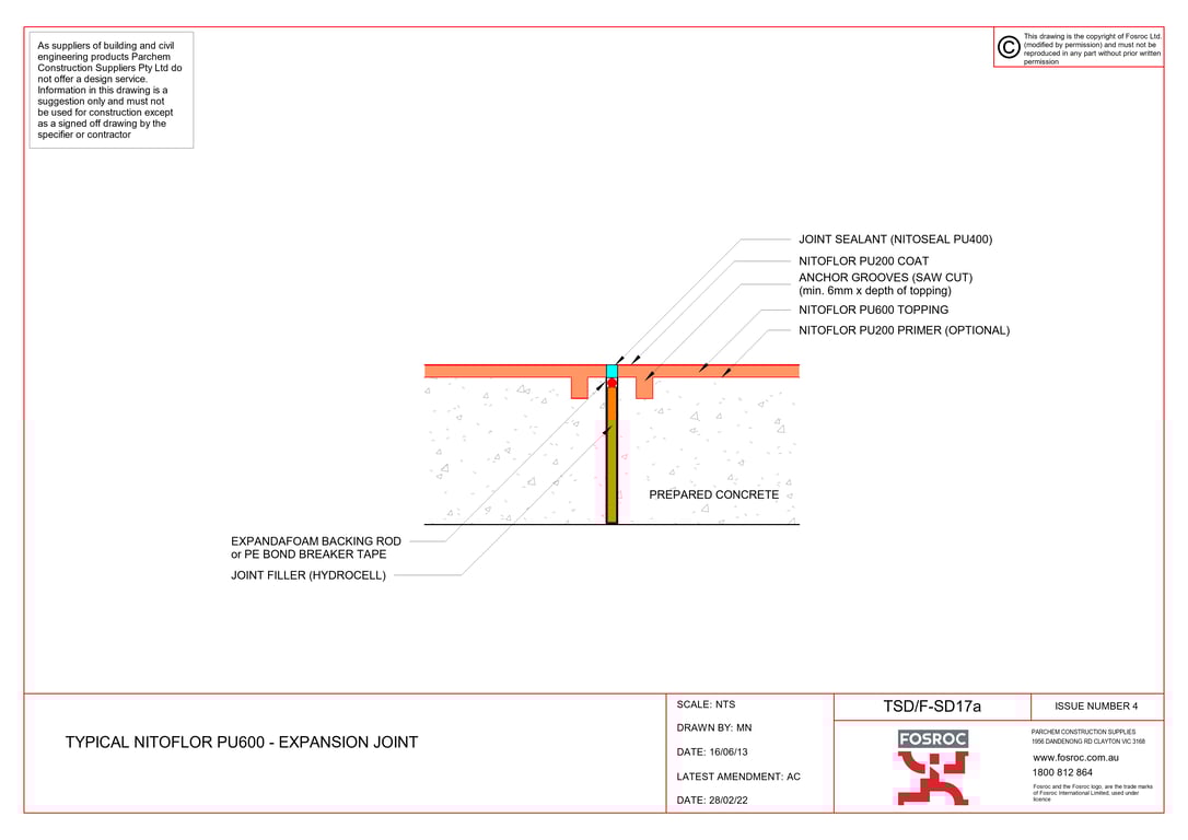 Navigate to TSD-F-SD17a - TYPICAL NITOFLOR PU600 - EXPANSION JOINT