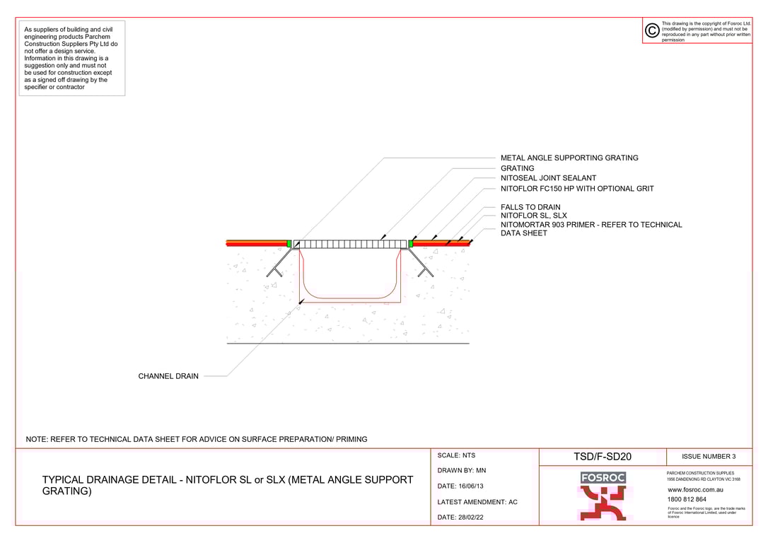 Navigate to TSD-F-SD20 - TYPICAL DRAINAGE DETAIL - NITOFLOR SL or SLX (METAL ANGLE SUPPORT GRATING)