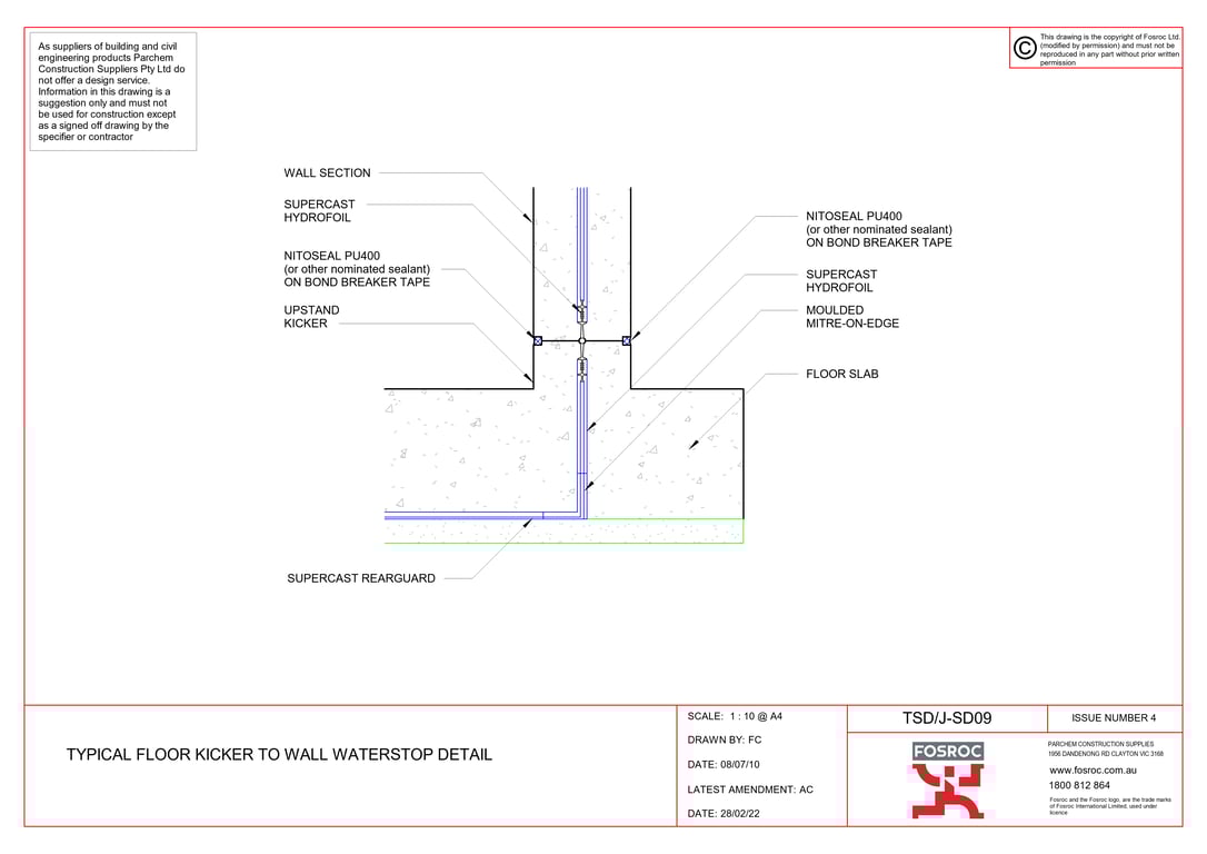 TSD-J-SD09 - TYPICAL FLOOR KICKER TO WALL WATERSTOP DETAIL