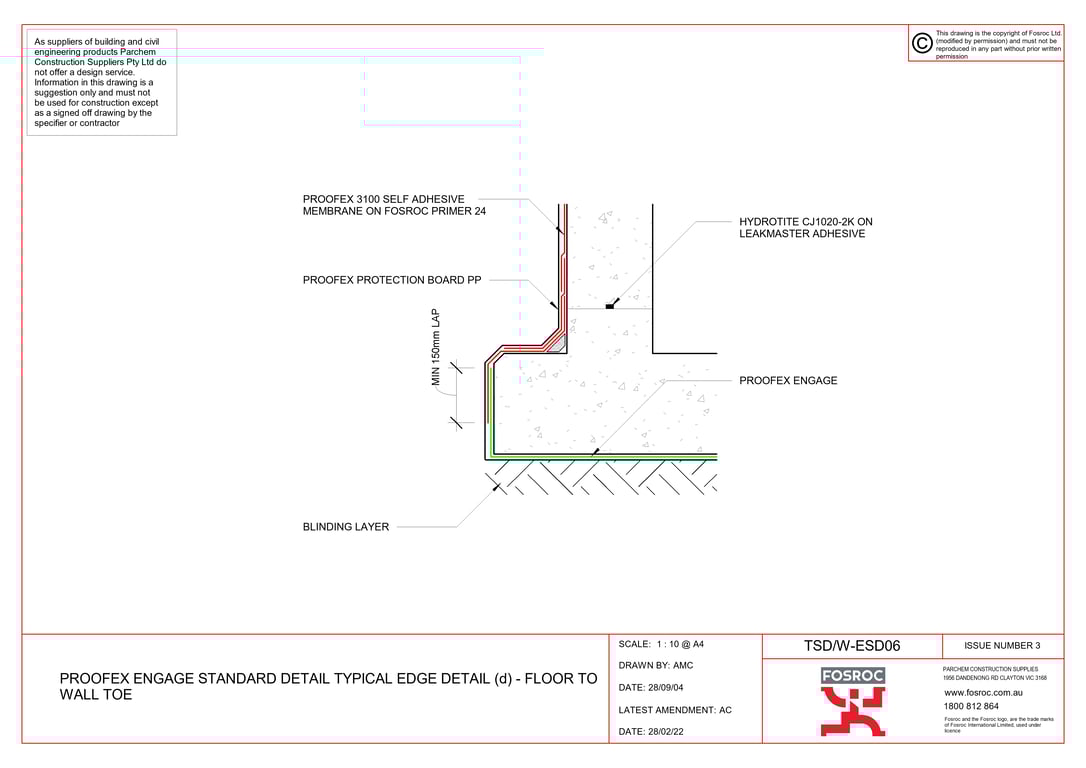 Navigate to TSD-W-ESD06 - PROOFEX ENGAGE STANDARD DETAIL TYPICAL EDGE DETAIL (d) - FLOOR TO WALL TOE