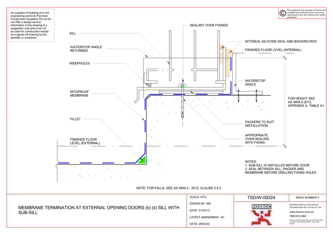 Navigate to TSD-W-ISD24 - MEMBRANE TERMINATION AT EXTERNAL OPENING DOORS (b) (ii) SILL WITH SUB-SILL