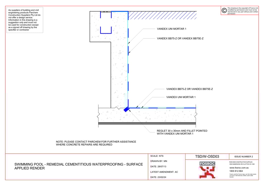 Navigate to TSD-W-OSD03 - SWIMMING POOL - REMEDIAL CEMENTITIOUS WATERPROOFING - SURFACE APPLIED RENDER