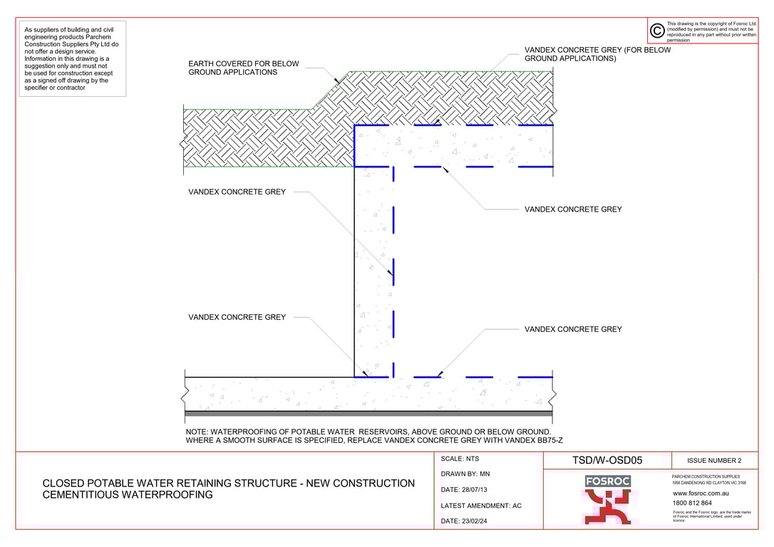 Navigate to TSD-W-OSD05 - CLOSED POTABLE WATER RETAINING STRUCTURE - NEW CONSTRUCTION CEMENTITIOUS WATERPROOFING