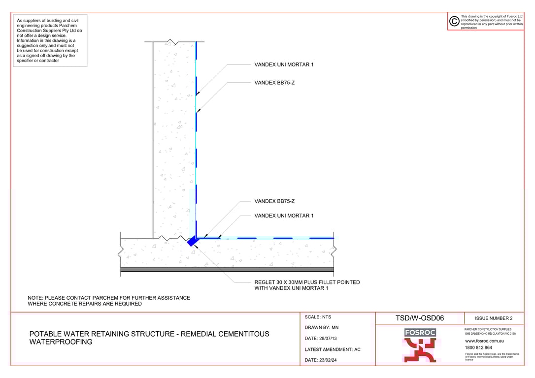 Navigate to TSD-W-OSD06 - POTABLE WATER RETAINING STRUCTURE - REMEDIAL CEMENTITOUS WATERPROOFING