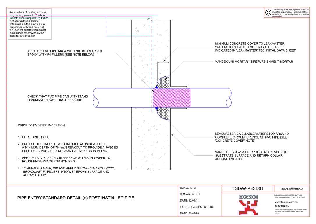 Navigate to TSD-W-PESD01 - PIPE ENTRY STANDARD DETAIL (a) POST INSTALLED PIPE