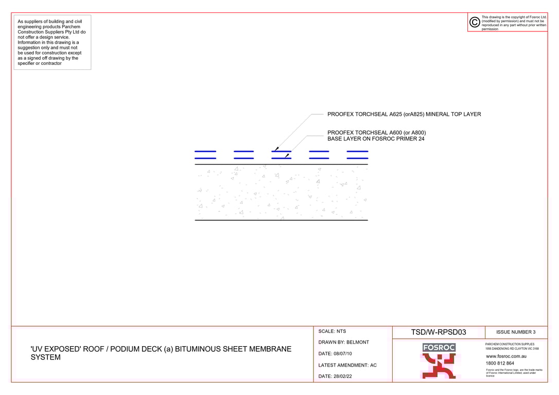 Navigate to TSD-W-RPSD03 - UV EXPOSED ROOF - PODIUM DECK (a) BITUMINOUS SHEET MEMBRANE SYSTEM