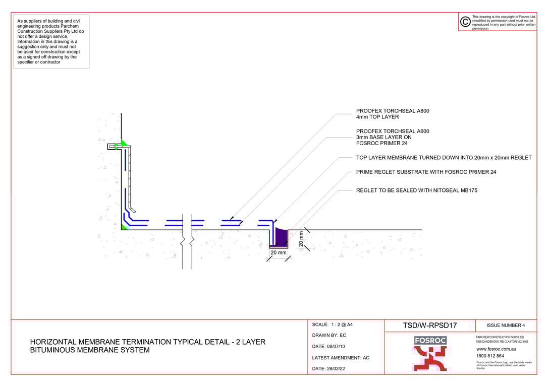  Image of TSD-W-RPSD17 - HORIZONTAL MEMBRANE TERMINATION TYPICAL DETAIL - 2 LAYER BITUMINOUS MEMBRANE SYSTEM