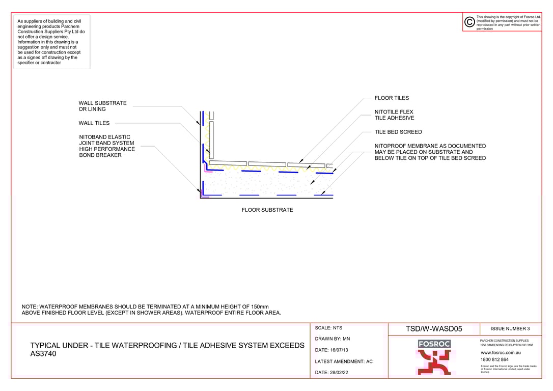  Image of TSD-W-WASD05 - TYPICAL UNDER-TILE WATERPROOFING - TILE ADHESIVE SYSTEM EXCEEDS AS3740