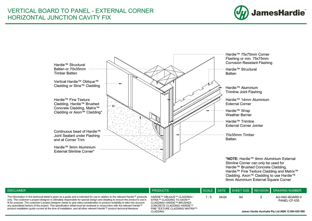 AU-HAC-BOARD-V PANEL-CF-035 - VERTICAL BOARD TO PANEL - EXTERNAL CORNER HORIZONTAL JUNCTION CAVITY FIX