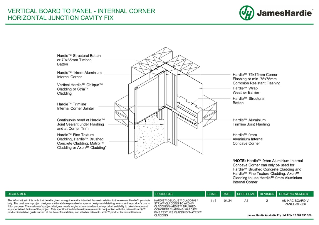 AU-HAC-BOARD-V PANEL-CF-036 - VERTICAL BOARD TO PANEL - INTERNAL CORNER HORIZONTAL JUNCTION CAVITY FIX