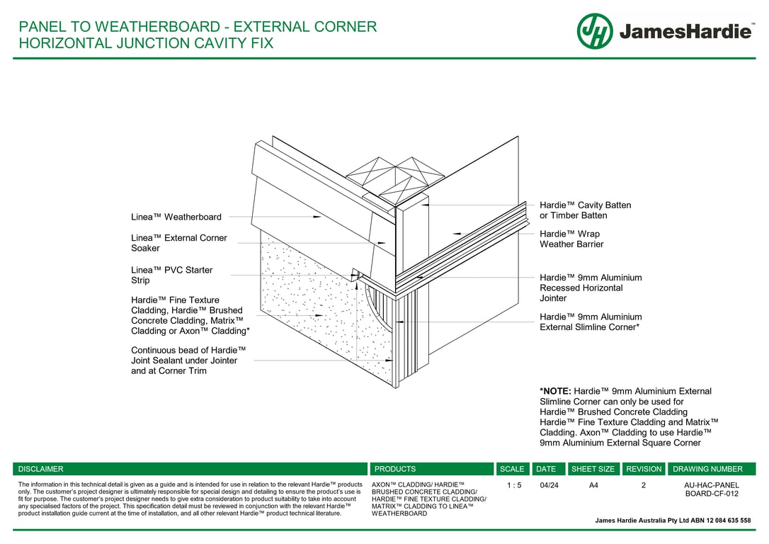 AU-HAC-PANEL BOARD-CF-012 - PANEL TO WEATHERBOARD - EXTERNAL CORNER HORIZONTAL JUNCTION CAVITY FIX