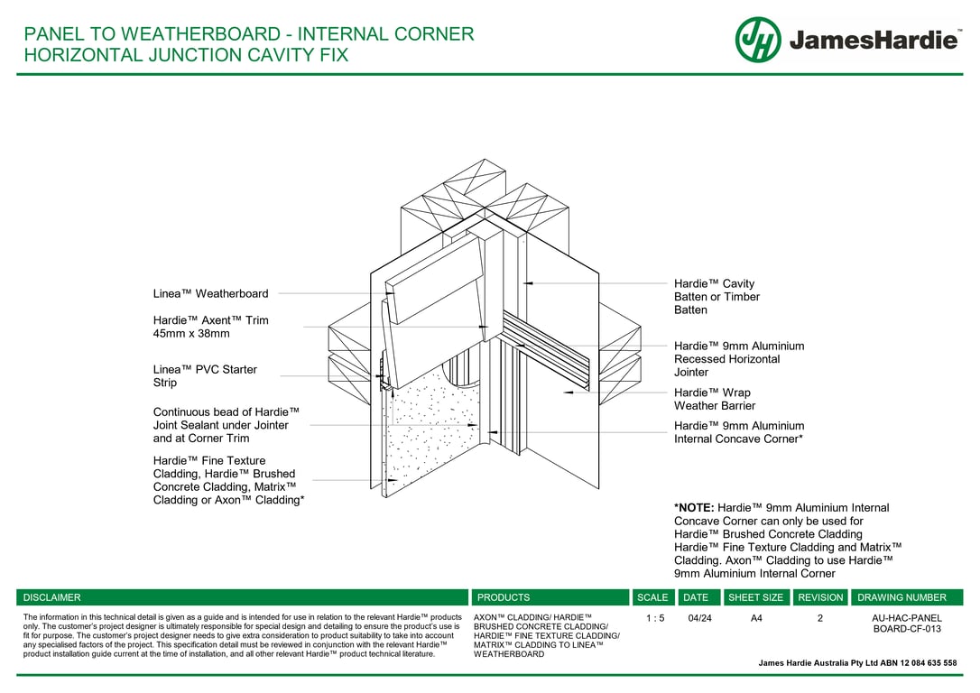 AU-HAC-PANEL BOARD-CF-013 - PANEL TO WEATHERBOARD - INTERNAL CORNER HORIZONTAL JUNCTION CAVITY FIX
