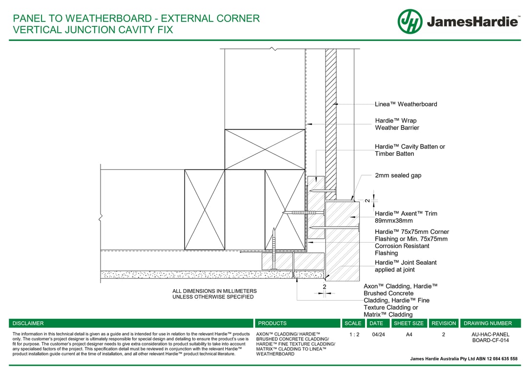 AU-HAC-PANEL BOARD-CF-014 - PANEL TO WEATHERBOARD - EXTERNAL CORNER VERTICAL JUNCTION CAVITY FIX
