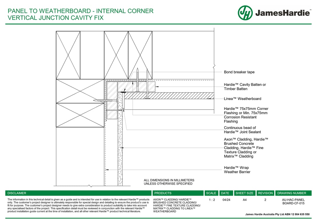 AU-HAC-PANEL BOARD-CF-015 - PANEL TO WEATHERBOARD - INTERNAL CORNER VERTICAL JUNCTION CAVITY FIX