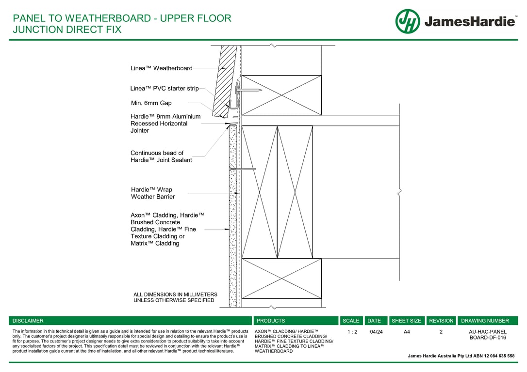 AU-HAC-PANEL BOARD-DF-016 - PANEL TO WEATHERBOARD - UPPER FLOOR JUNCTION DIRECT FIX