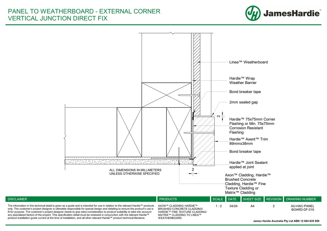 Navigate to AU-HAC-PANEL BOARD-DF-019 - PANEL TO WEATHERBOARD - EXTERNAL CORNER VERTICAL JUNCTION DIRECT FIX