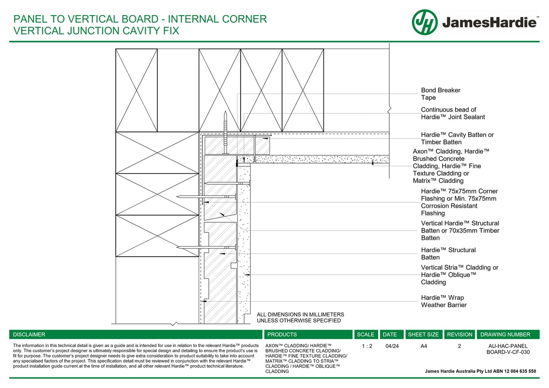 Navigate to AU-HAC-PANEL BOARD-V-CF-030 - PANEL TO VERTICAL BOARD - INTERNAL CORNER VERTICAL JUNCTION CAVITY FIX