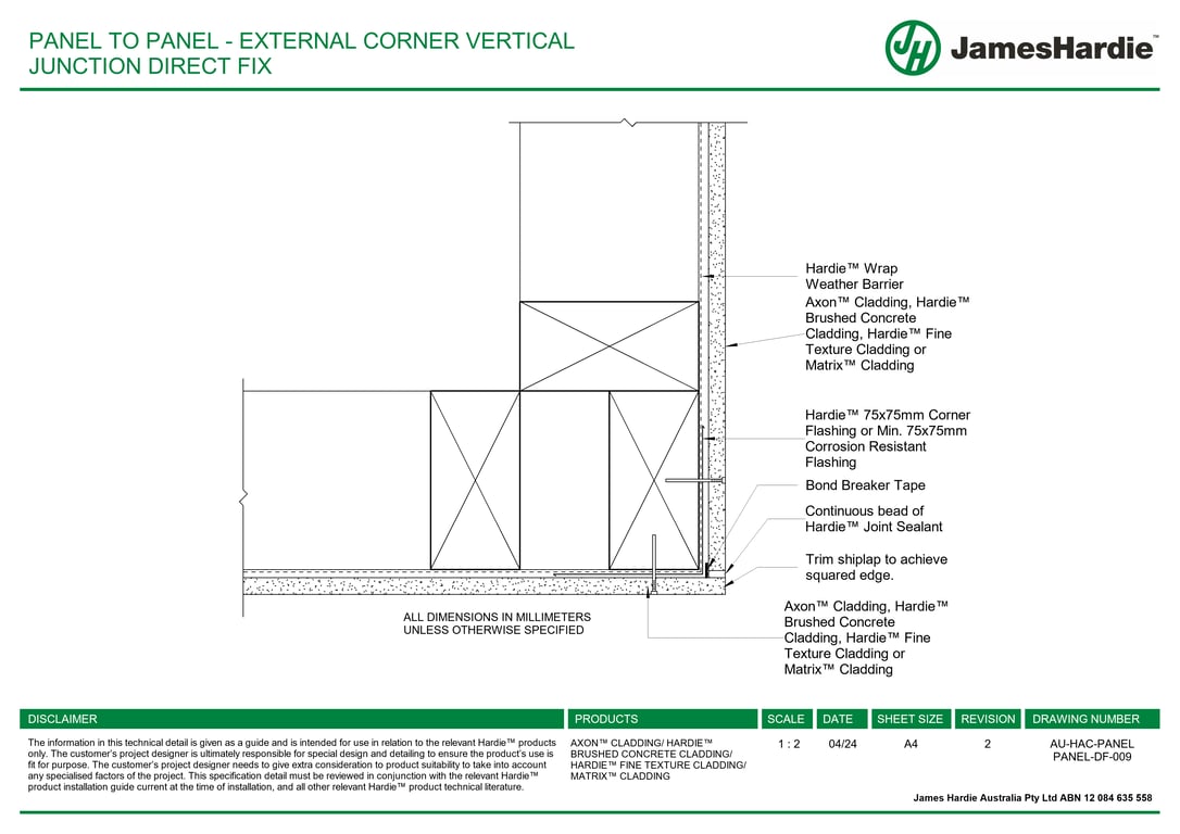 Navigate to AU-HAC-PANEL PANEL-DF-009 - PANEL TO PANEL - EXTERNAL CORNER VERTICAL JUNCTION DIRECT FIX