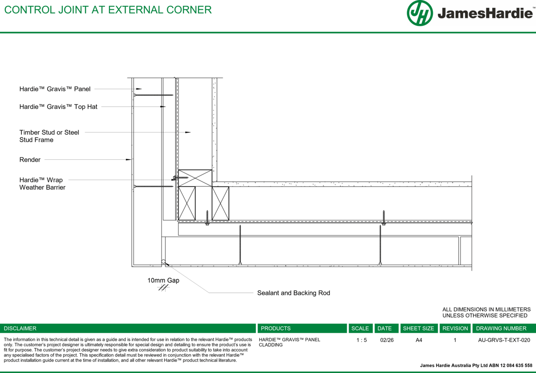 Image of AU-GRVS-T-EXT-020 - CONTROL JOINT AT EXTERNAL CORNER