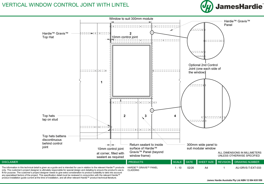 Image of AU-GRVS-T-EXT-033 - VERTICAL WINDOW CONTROL JOINT WITH LINTEL