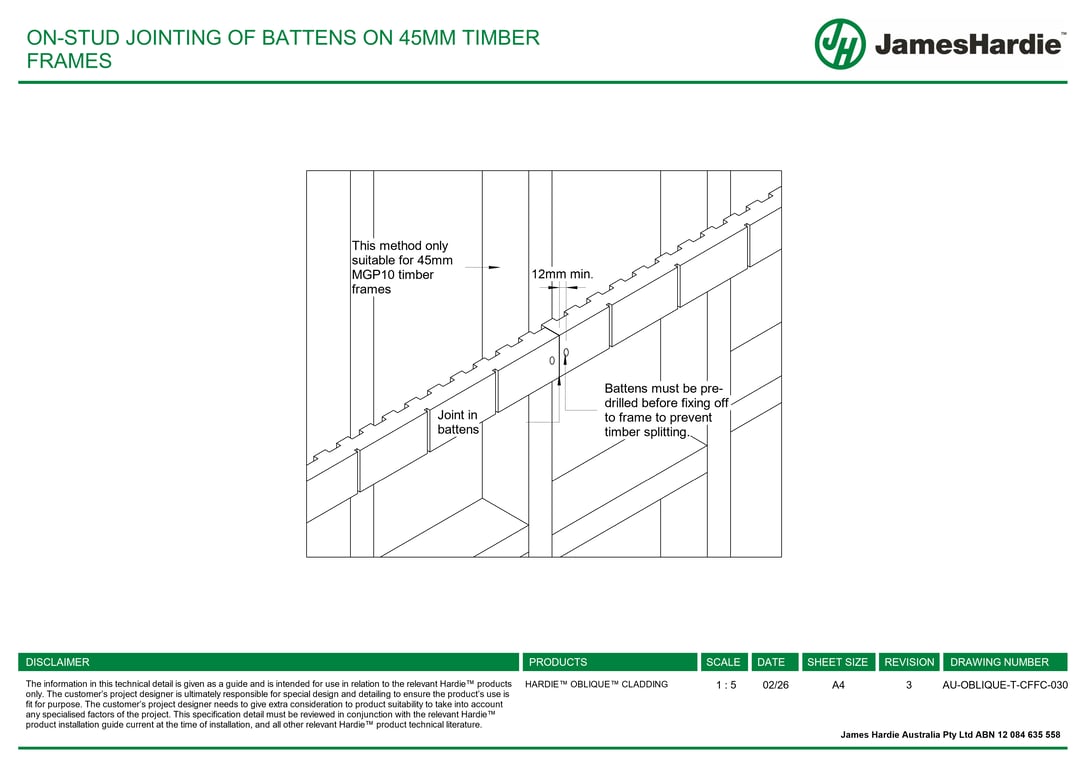 Navigate to AU-OBLIQUE-T-CFFC-030 - ON-STUD JOINTING OF BATTENS ON 45MM TIMBER FRAMES