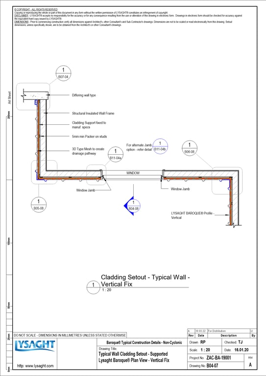Navigate to B04-07 - Typical Wall Cladding Setout - Supported Lysaght Baroque® Plan View - Vertical Fix