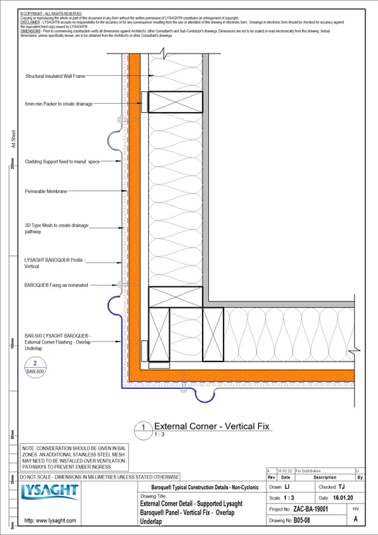  Image of B05-08 - External Corner Detail - Supported Lysaght Baroque® Panel - Vertical Fix - Overlap Underlap