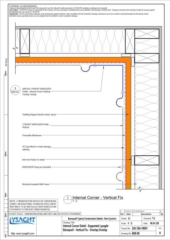  Image of B06-09 - Internal Corner Detail - Supported Lysaght Baroque® - Vertical Fix - Overlap Overlap