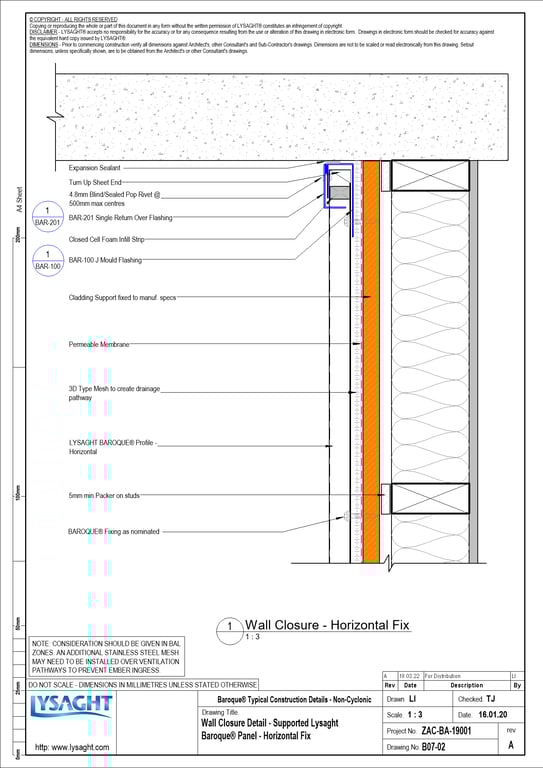  Image of B07-02 - Wall Closure Detail - Supported Lysaght Baroque® Panel - Horizontal Fix