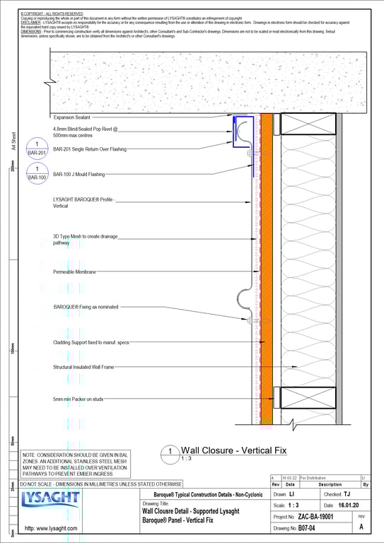 Navigate to B07-04 - Wall Clousre Detail - Supported Lysaght Baroque® Panel - Vertical Fix