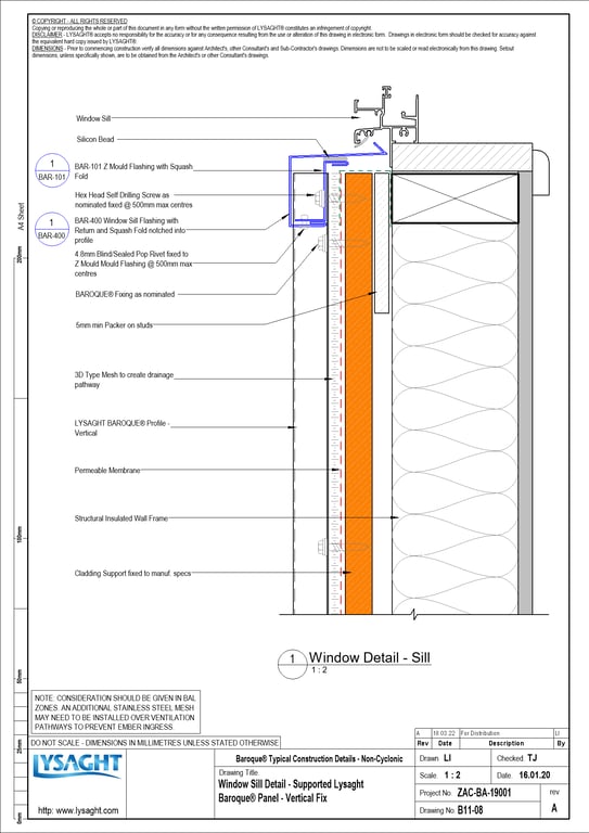  Image of B11-08 - Window Sill Detail - Supported Lysaght Baroque® Panel - Vertical Fix