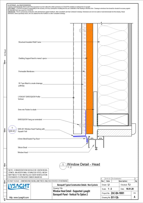 Navigate to B11-12b - Window Head Detail - Supported Lysaght Baroque® Panel - Vertical Fix Option 2