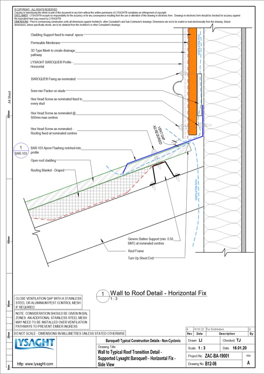  Image of B12-06 - Wall to Typical Roof Transition Detail - Supported Lysaght Baroque® - Horizontal Fix - Side View