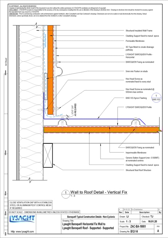 Navigate to B12-14 - Lysaght Baroque® Horizontal Fix Wall to Lysaght Baroque® Roof - Supported - Supported