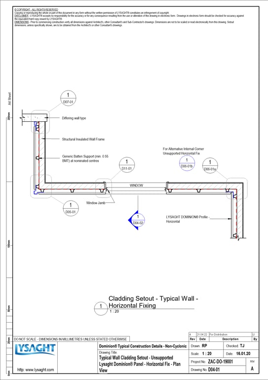 Navigate to D04-01 - Typical Wall Cladding Setout - Unsupported Lysaght Dominion® Panel - Horizontal Fix - Plan View