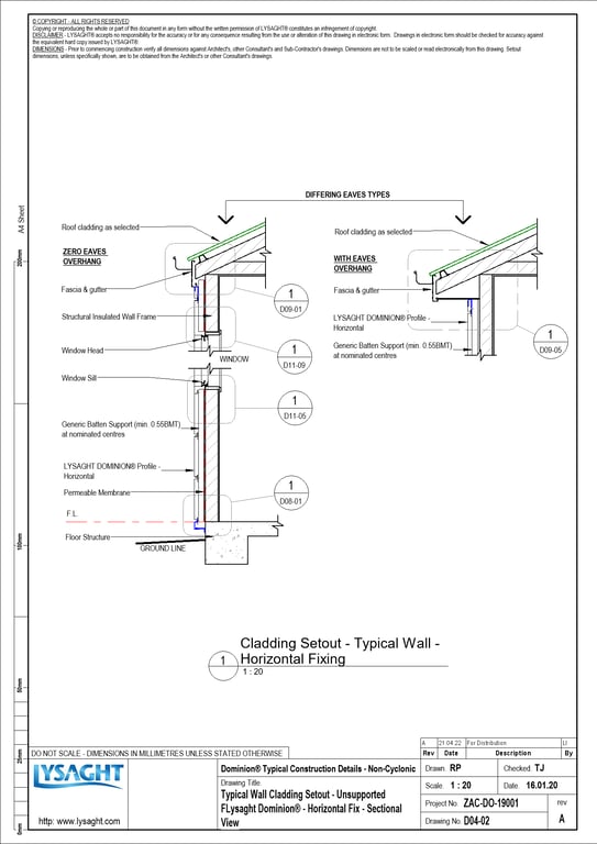 Navigate to D04-02 - Typical Wall Cladding Setout - Unsupported FLysaght Dominion® - Horizontal Fix - Sectional View