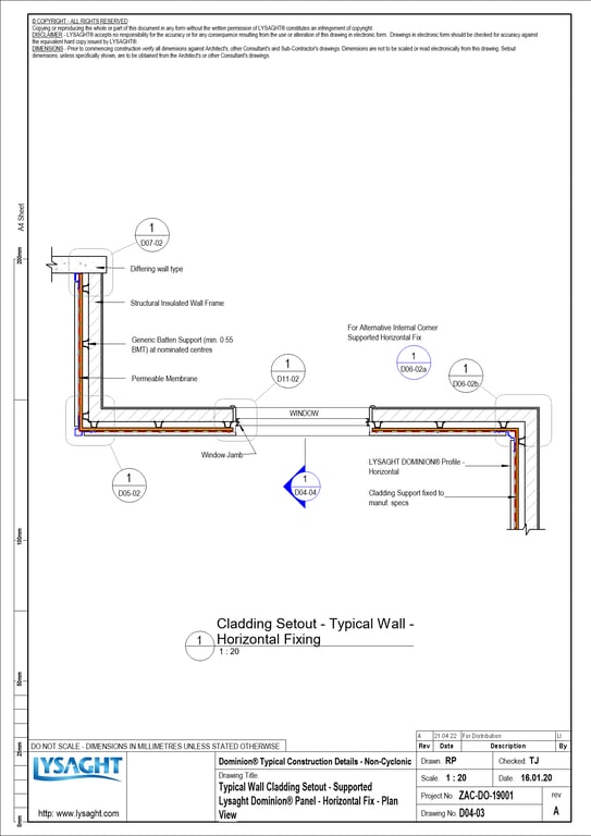  Image of D04-03 - Typical Wall Cladding Setout - Supported Lysaght Dominion® Panel - Horizontal Fix - Plan View