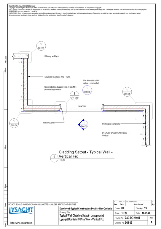 Navigate to D04-05 - Typical Wall Cladding Setout - Unsupported Lysaght Dominion® Plan View - Vertical Fix