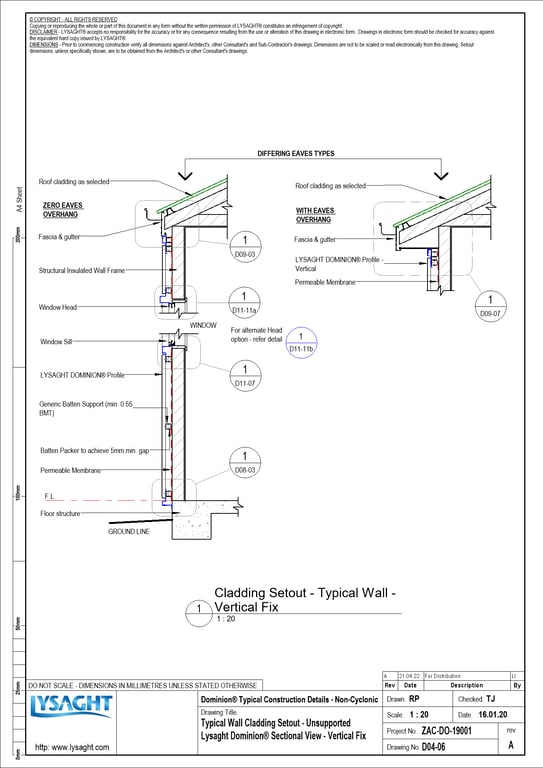  Image of D04-06 - Typical Wall Cladding Setout - Unsupported Lysaght Dominion® Sectional View - Vertical Fix