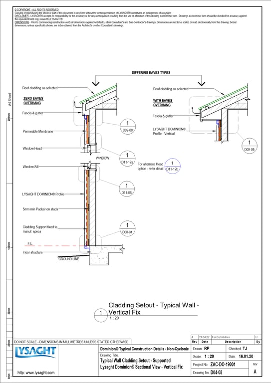 Navigate to D04-08 - Typical Wall Cladding Setout - Supported Lysaght Dominion® Sectional View - Vertical Fix