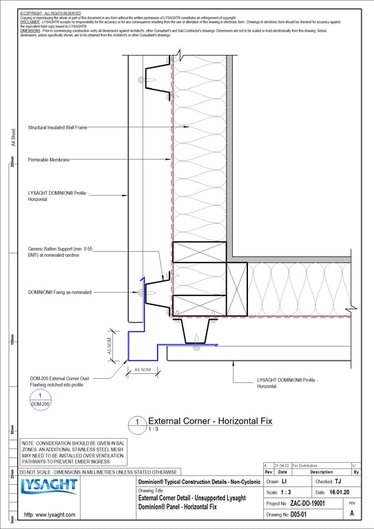 Navigate to D05-01 - External Corner Detail - Unsupported Lysaght Dominion® Panel - Horizontal Fix