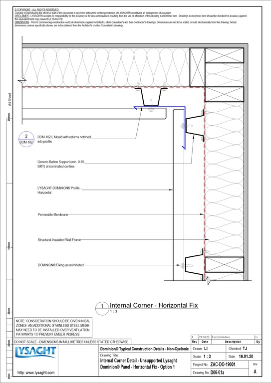 Navigate to D06-01a - Internal Corner Detail - Unsupported Lysaght Dominion® Panel - Horizontal Fix - Option 1