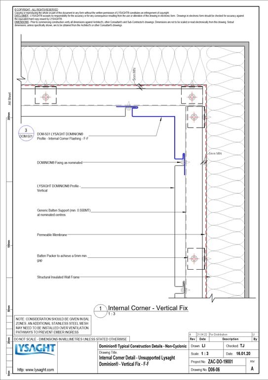 Navigate to D06-06 - Internal Corner Detail - Unsupported Lysaght Dominion® - Vertical Fix - F-F