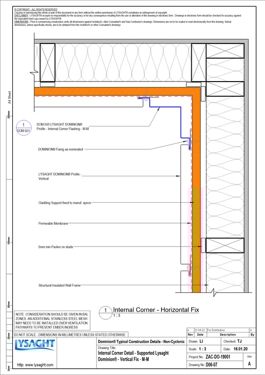 Navigate to D06-07 - Internal Corner Detail - Supported Lysaght Dominion® - Vertical Fix - M-M