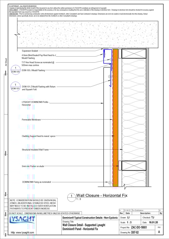 Navigate to D07-02 - Wall Closure Detail - Supported Lysaght Dominion® Panel - Horizontal Fix