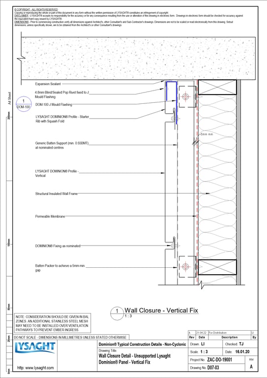 Navigate to D07-03 - Wall Closure Detail - Unsupported Lysaght Dominion® Panel - Vertical Fix
