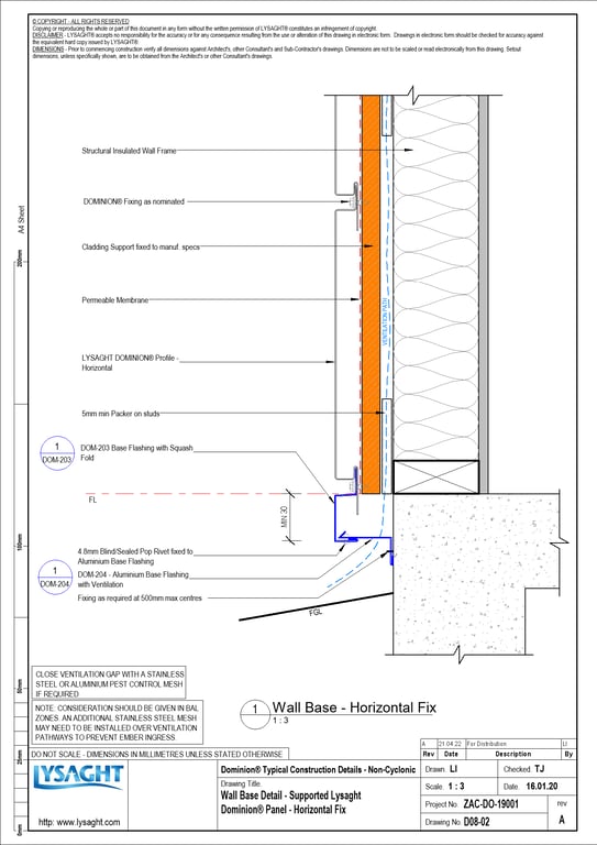 Navigate to D08-02 - Wall Base Detail - Supported Lysaght Dominion® Panel - Horizontal Fix