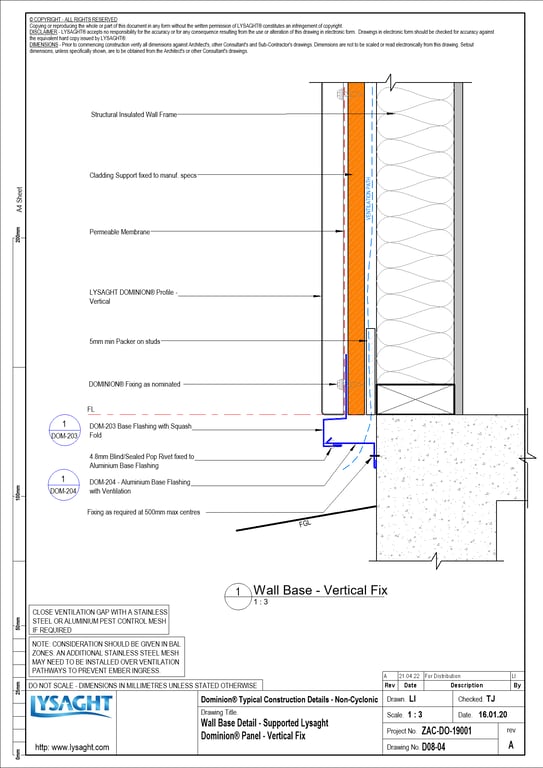 Navigate to D08-04 - Wall Base Detail - Supported Lysaght Dominion® Panel - Vertical Fix