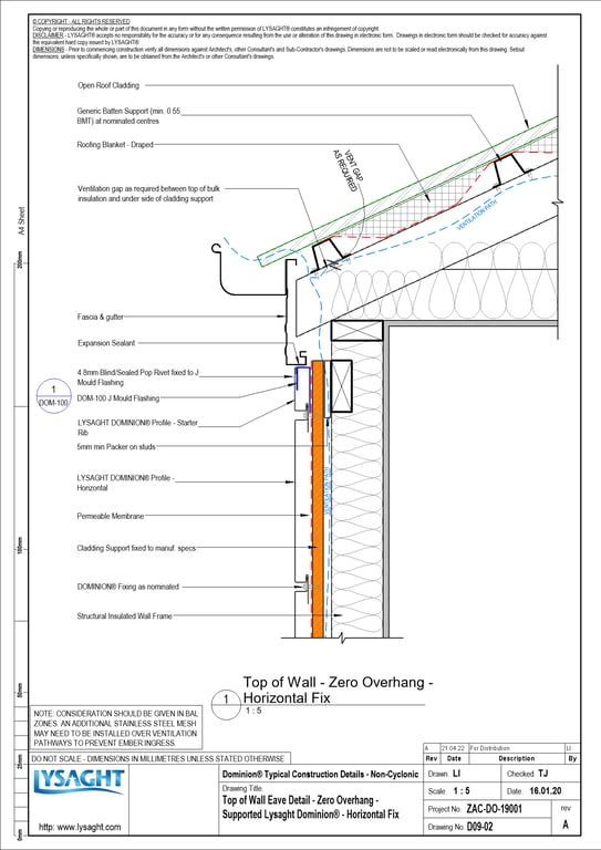 Navigate to D09-02 - Top of Wall Eave Detail - Zero Overhang - Supported Lysaght Dominion® - Horizontal Fix
